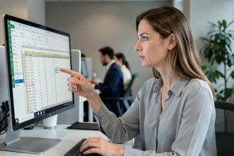 Femme en entreprise analysant un tableau Excel avec des colonnes et lignes à inverser sur un écran d'ordinateur