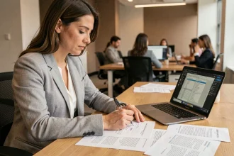 Femme professionnelle annotant des modèles de documents imprimés sur un bureau de bureau moderne