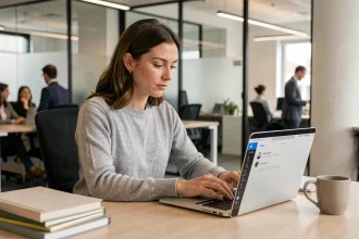 Femme utilisant une application de prise de notes sur ordinateur portable lors d'une réunion de bureau