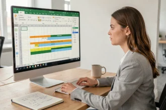 Femme professionnelle travaillant sur une formule Excel de moyenne pondérée sur un grand écran de bureau