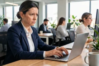 Femme au bureau regardant un email suspect sur son ordinateur portable avec une expression méfiante
