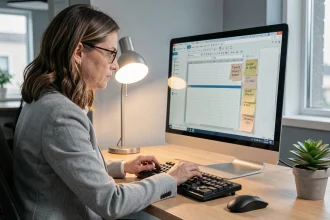 Femme professionnelle annotant une feuille de calcul avec des commentaires interactifs sur un grand écran d'ordinateur au bureau