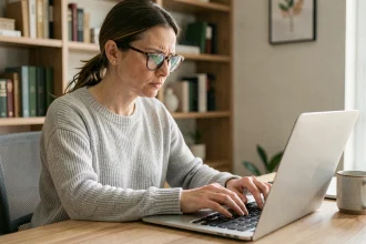 Femme utilisant un gestionnaire de mots de passe sur son ordinateur portable dans un bureau à domicile