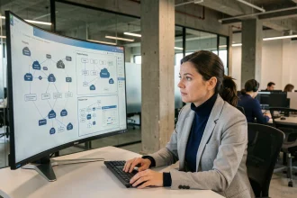 Professionnelle de l'informatique analysant des diagrammes d'architecture cloud sur un écran incurvé dans un bureau tech moderne