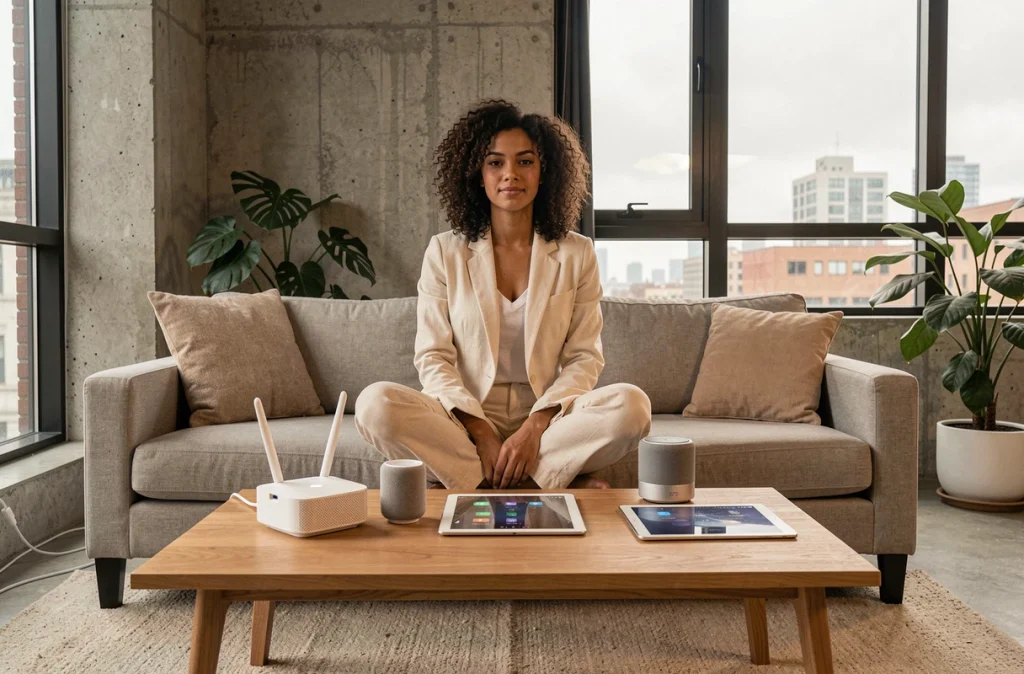 Femme entourée d'objets intelligents connectés via Wi-Fi 7 dans un salon contemporain