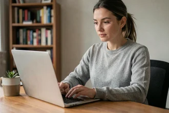 Femme utilisant une application de messagerie chiffrée sur son ordinateur portable dans un bureau à domicile