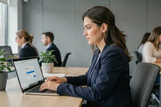 Femme en blazer bleu tapant un mot de passe sur un ordinateur portable au bureau pour protéger ses fichiers