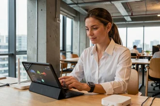 Femme professionnelle interagissant avec des objets connectés dans un bureau moderne ouvert, avec tablette intelligente et montre connectée