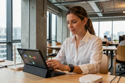 Femme professionnelle interagissant avec des objets connectés dans un bureau moderne ouvert, avec tablette intelligente et montre connectée