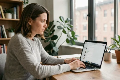 Femme consultant les paramètres de confidentialité de son compte sur un réseau social depuis un ordinateur portable à son bureau