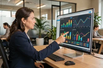 Femme professionnelle analysant des graphiques dynamiques sur un écran d'ordinateur dans un bureau moderne