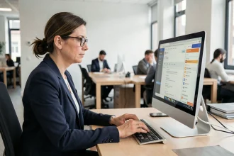 Femme professionnelle consultant sa messagerie Webmel sur un ordinateur de bureau dans un environnement de travail administratif moderne