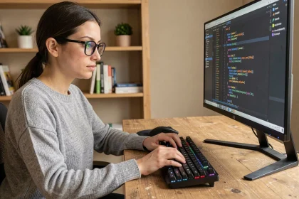 Femme utilisant des raccourcis clavier sur un bureau moderne avec un clavier mécanique et un écran d'ordinateur