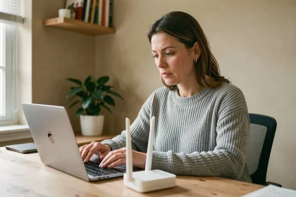 Femme configurant la sécurité de son réseau wifi sur un ordinateur portable à la maison