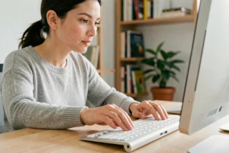Femme utilisant la touche Shift d'un clavier Mac Apple pour des raccourcis clavier en home office