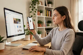 Femme utilisant Google Lens sur smartphone face à un écran d'ordinateur dans un bureau à domicile moderne