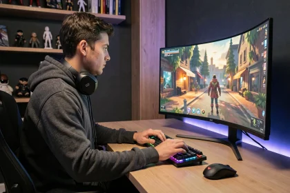 Jeune gamer masculin concentré devant un écran ultrawide avec clavier mécanique RGB et casque gaming connecté sur un bureau en bois moderne