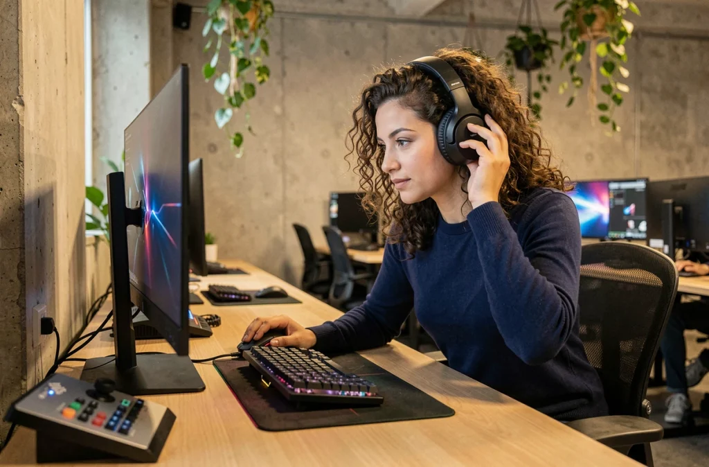 Femme gameuse portant un casque sans fil et utilisant une souris gaming professionnelle dans un espace de jeu moderne et design