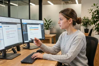 Femme professionnelle gérant les versions d'une présentation collaborative sur deux écrans dans un bureau moderne