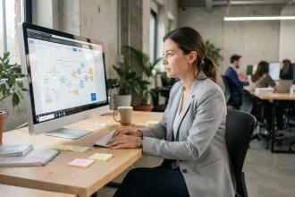 Femme professionnelle analysant un diagramme de workflow complexe sur un écran dans un bureau moderne et minimaliste