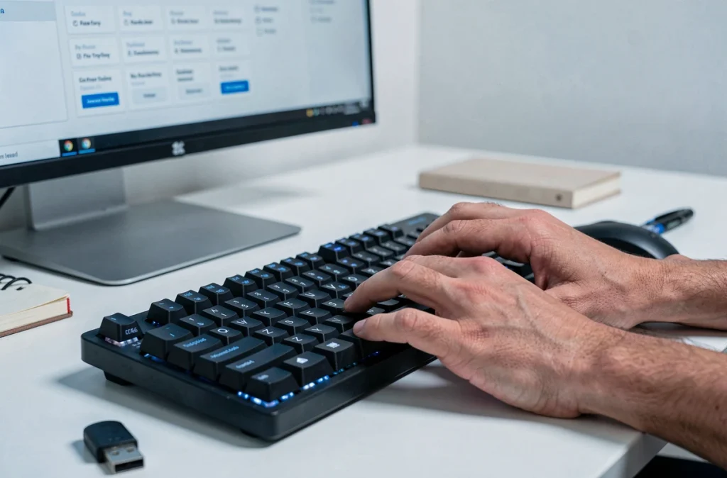 Gros plan sur des mains saisissant un mot de passe maître sur un clavier mécanique avec un gestionnaire de mots de passe à l'écran