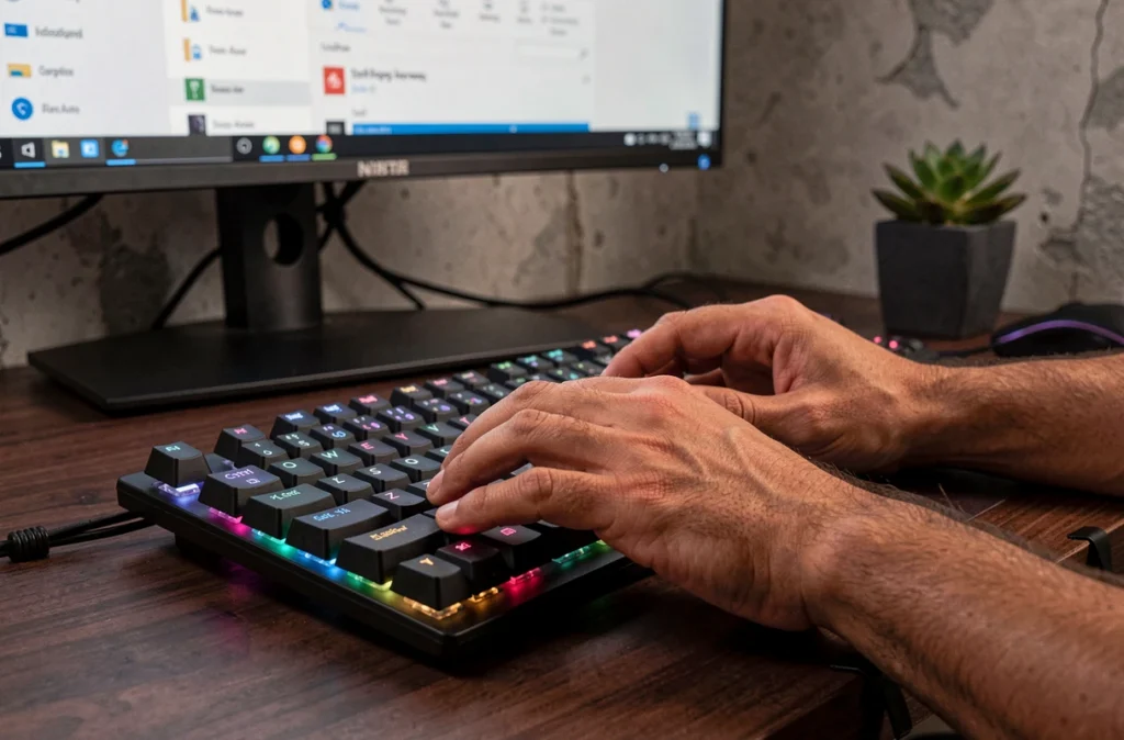 Gros plan sur les mains pressant les touches Ctrl et Y d'un clavier pour rétablir une action sous Windows 11