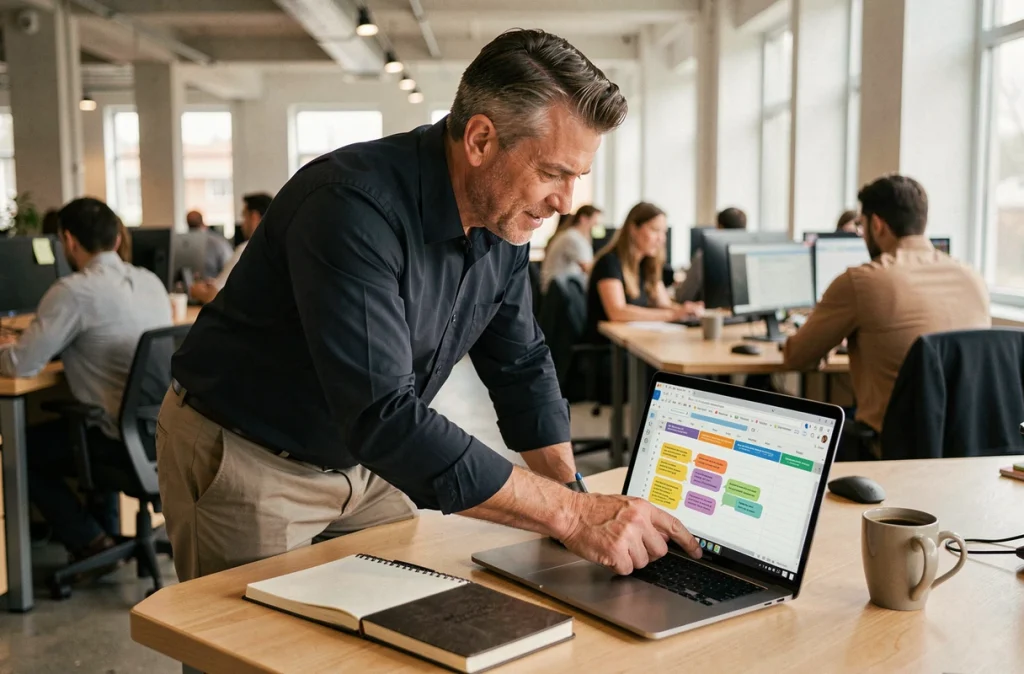 Homme en train d'ajouter des commentaires interactifs dans un tableau Excel sur un laptop dans un bureau en open space