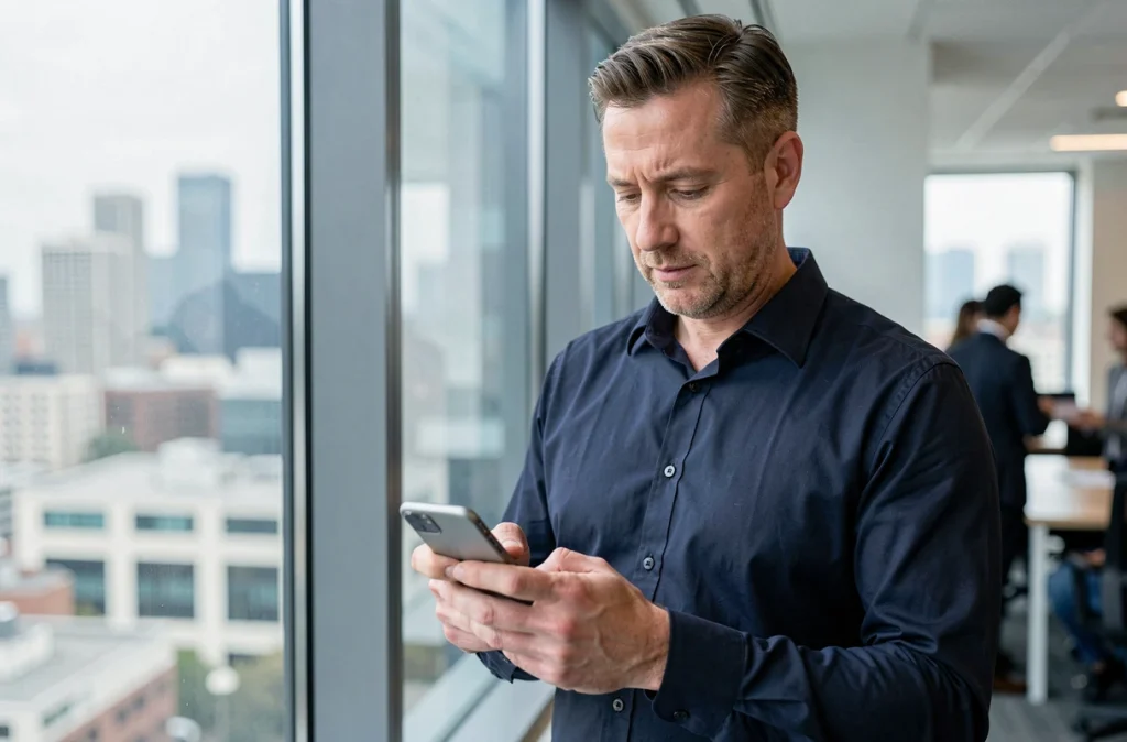 Homme d'affaires consultant une application de communication chiffrée sur smartphone dans un bureau moderne
