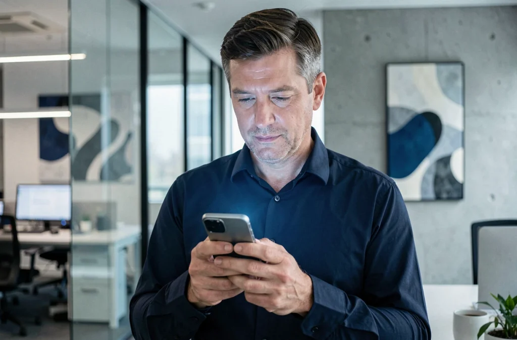 Homme consultant une application de gestion de mots de passe sur smartphone dans un bureau professionnel