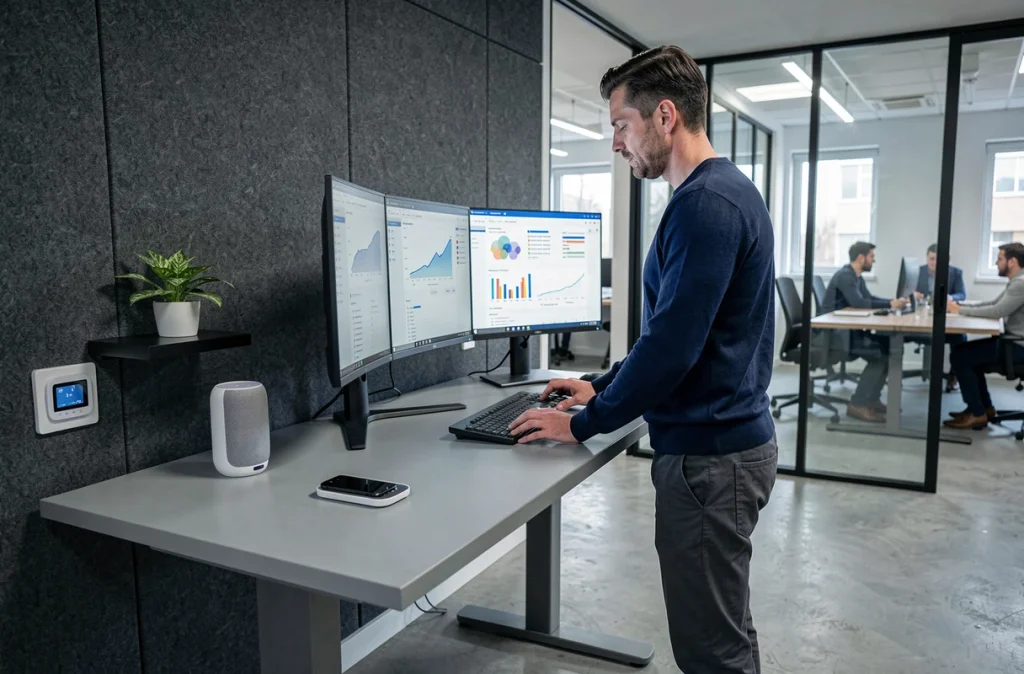 Homme debout à un bureau ergonomique connecté avec double écran, enceinte intelligente et chargeur sans fil dans un bureau vitré
