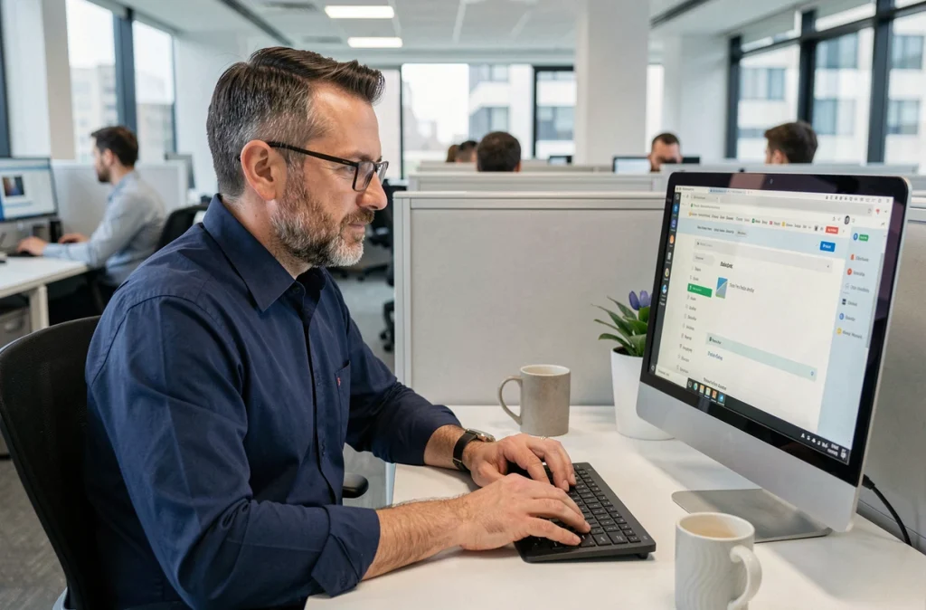 Homme en bureau professionnel enregistrant un favori sur un ordinateur de bureau avec plusieurs onglets ouverts