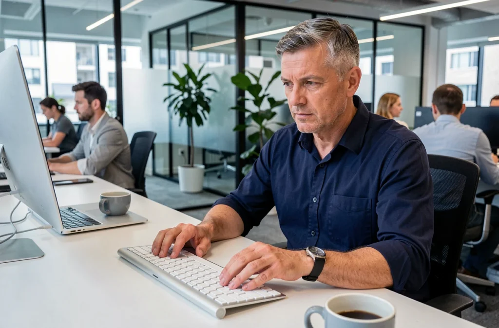 Homme en chemise bleue utilisant le clavier Mac avec la touche Shift dans un open space professionnel