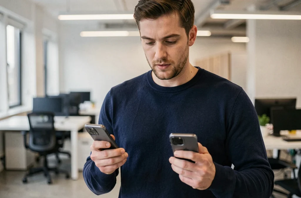 Un homme tenant un Google Pixel 6 et un Pixel 7 dans ses mains pour les comparer dans un bureau moderne