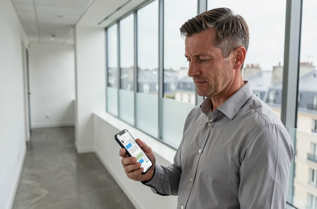 Homme consultant ses emails Webmel sur smartphone dans un couloir de bureau avec vue sur une ville française