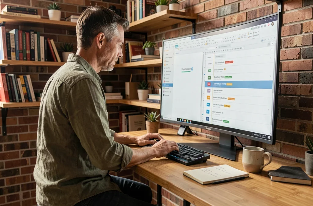 Homme travaillant seul sur la gestion de versions d'une présentation dans un bureau à domicile avec écran ultrawide