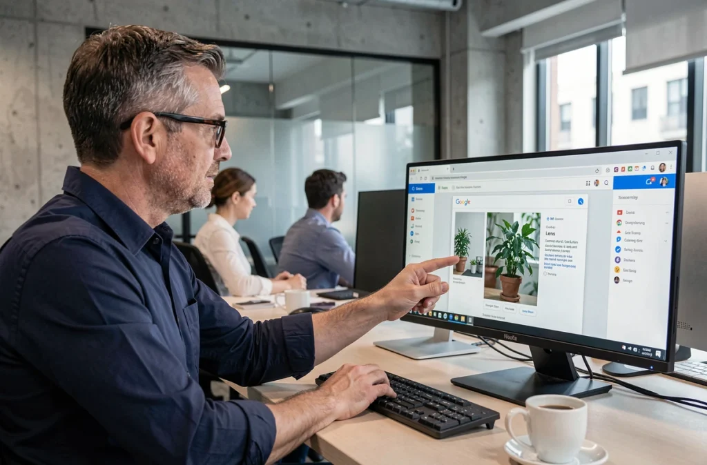 Homme en open space utilisant Google Lens dans Chrome sur un grand écran de bureau professionnel