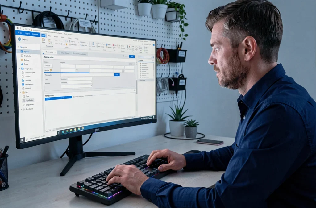 Homme utilisant un logiciel d'automatisation de documents sur un écran ultrawide dans un bureau à domicile