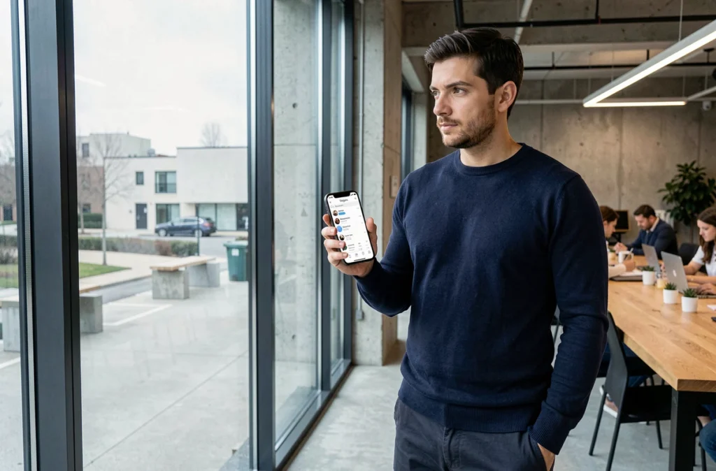 Homme consultant les statistiques de son compte Instagram sur smartphone dans un espace de coworking moderne