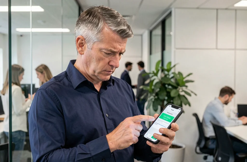Homme en bureau consultant une boîte de dialogue de permissions de données personnelles sur son smartphone