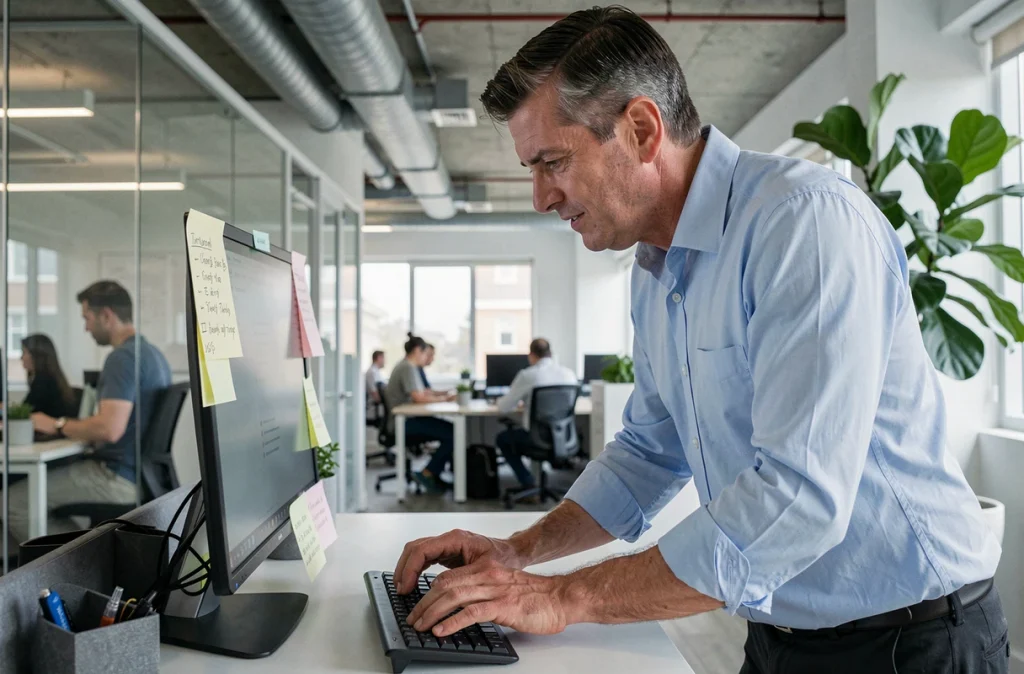 Homme en bureau open space utilisant un clavier sans fil avec des notes de raccourcis clavier collées sur son écran