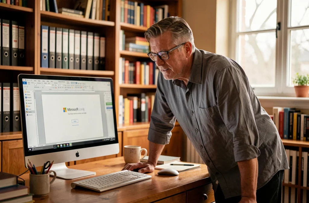 Homme avec lunettes sécurisant un document Word avec un mot de passe dans un bureau à domicile