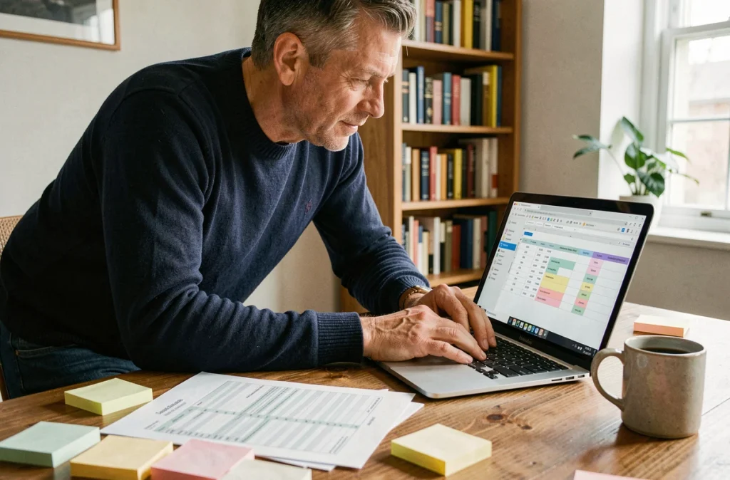 Homme en télétravail corrigeant une erreur d'inversion de colonnes et lignes dans Excel sur un ordinateur portable