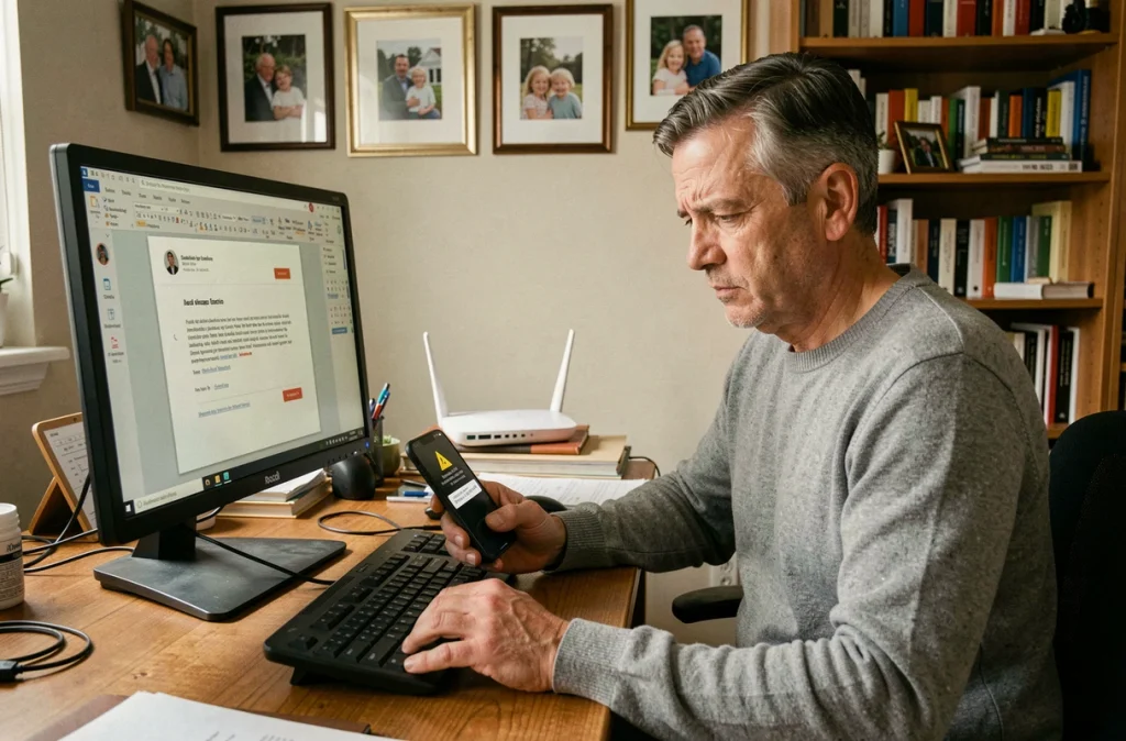 Homme en télétravail analysant un message de phishing sur son ordinateur avec son smartphone en main