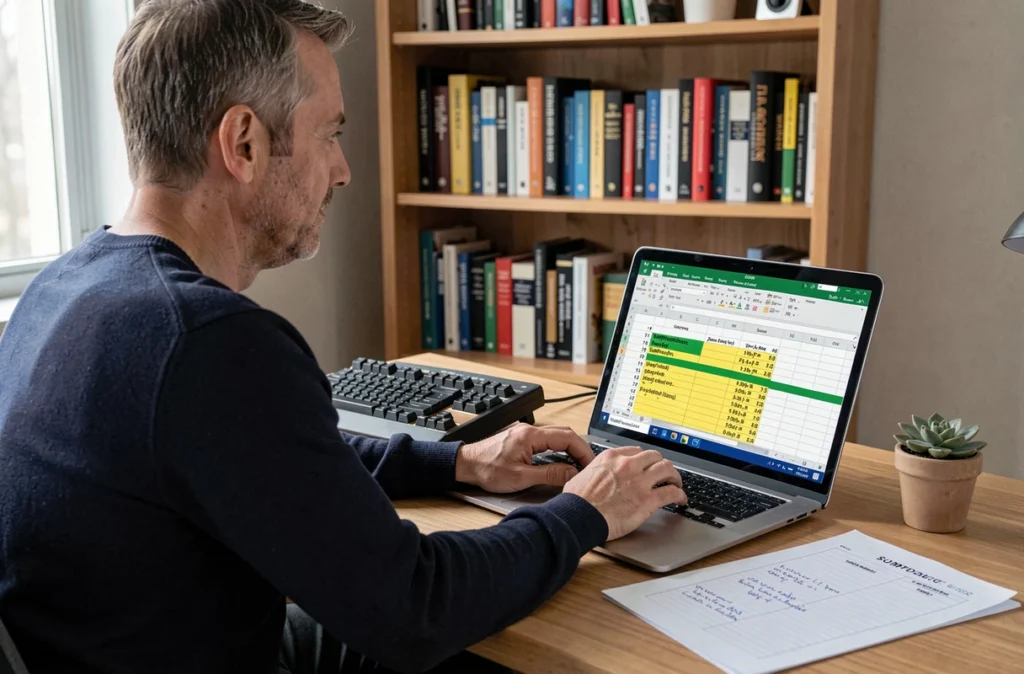 Homme en télétravail créant une formule Excel réutilisable de moyenne pondérée sur ordinateur portable