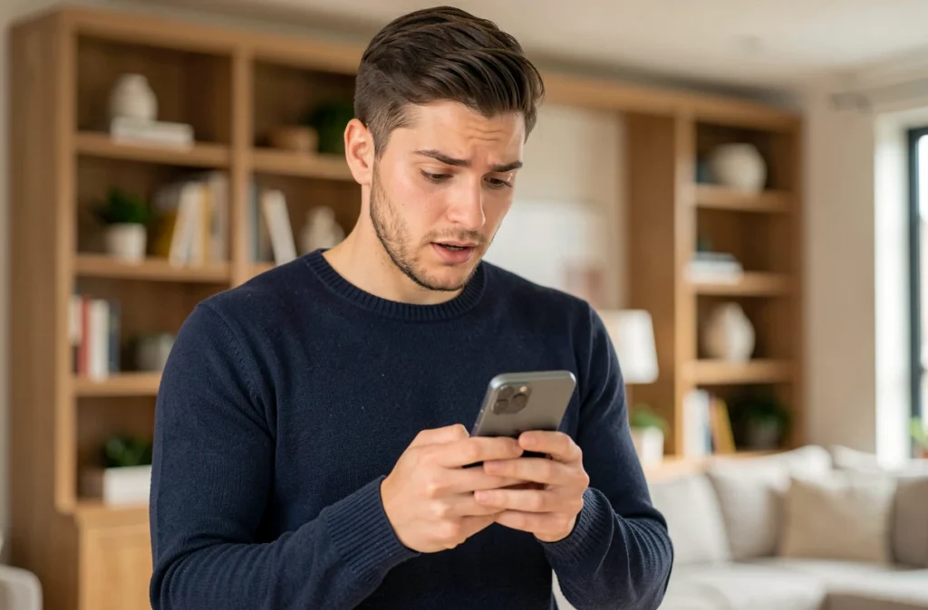 Un jeune homme tenant un smartphone Xiaomi 14T et découvrant ses fonctionnalités dans un salon moderne