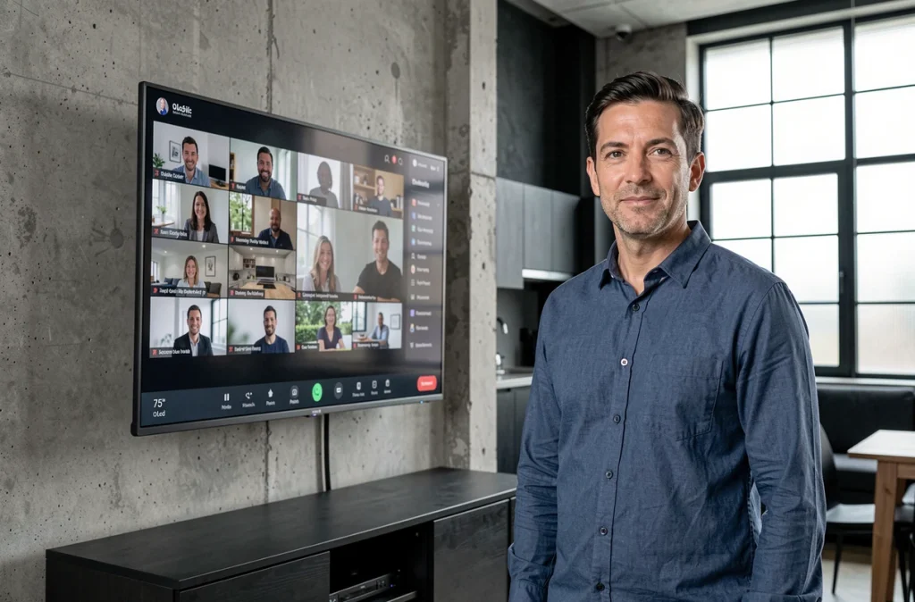 Homme utilisant la fonction visioconférence intégrée d'un téléviseur OLED dans un appartement loft moderne