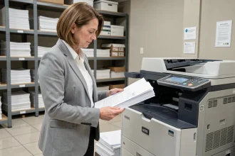 Femme en blazer gris examinant des documents imprimés dans une salle d'impression professionnelle en entreprise