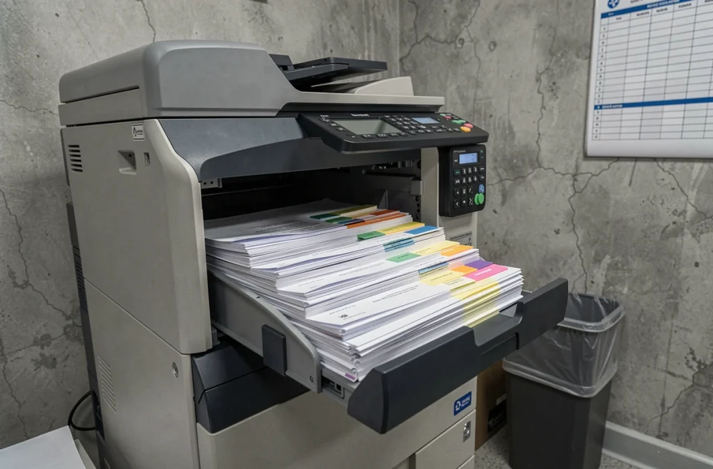 Imprimante multifonction professionnelle en cours d'impression d'un volume important de documents triés dans un espace reprographie d'entreprise