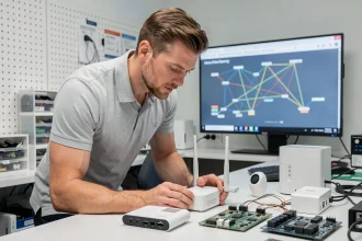 Ingénieur analysant des objets connectés Wi-Fi 7 dans un laboratoire technologique moderne