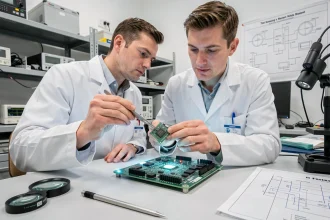 Ingénieur en électronique examinant un processeur ARM dans un laboratoire de hardware professionnel